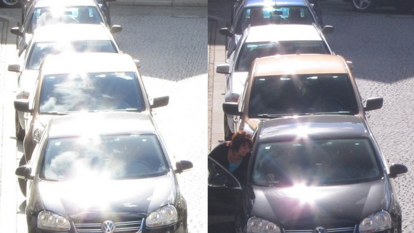 Vormittagssituation am Kohlmarkt, Wernigerode: links ohne, rechts mit Polarisationsfilter